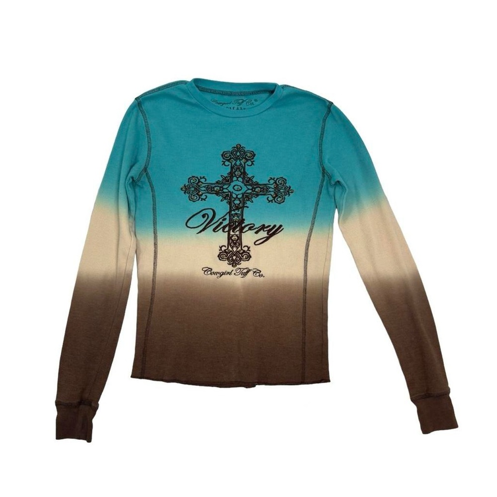 Cowgirl Tuff Co. 2000s Ombre Embroidered Studded Cross Graphic Thermal Tee Y2K